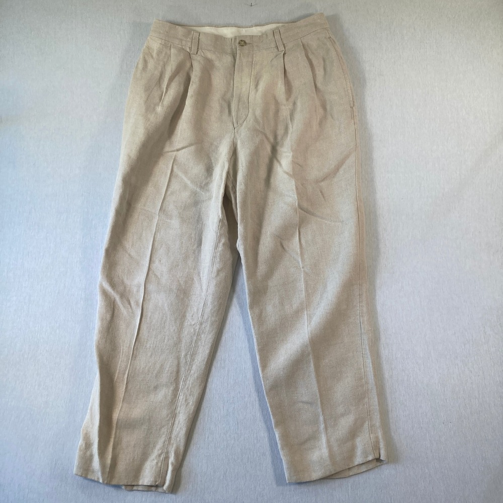 Turnbury Mens Pants 34x29 (Fit 33x27) 100% Linen Cream Pleated Dress Straight